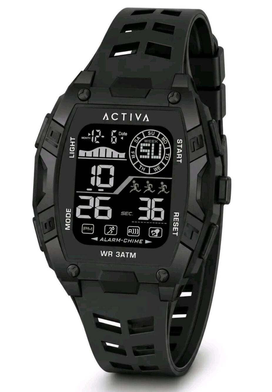 ACW8130-004 Activa Digital Sport Watch 30M Backlight Day/Date Black Silicone